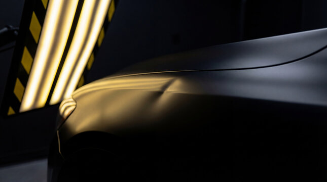 Paintless dent repair on a car hood using a professional light board. Mechanic inspection of bodywork damage to fix vehicle surface imperfection. Automotive collision service center.