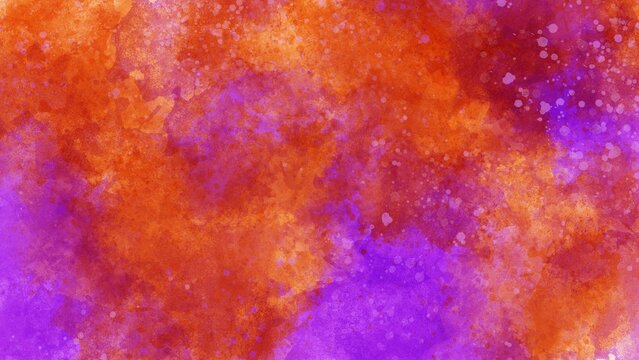 Vibrant abstract watercolor background blending warm amber, orange, rust, and deep purple tones. The artistic paint texture creates a sunset or autumn atmosphere with fluid color bleeding