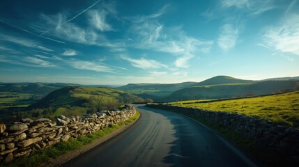 Fototapeta premium Scenic winding road with rustic stone walls traverses lush green hills and mountains under a vibrant blue sky with wispy clouds