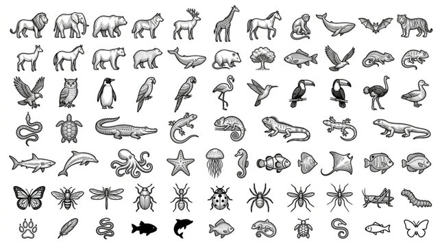 Collection of Hand Drawn Animal Illustrations in Black and White.