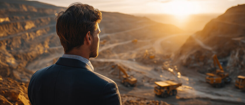 Visionary Leader in an Open-Pit Mine: A man in a suit stands overlooking a vast open-pit mine at sunrise, embodying a forward-thinking and ambitious approach to industry and resource management.