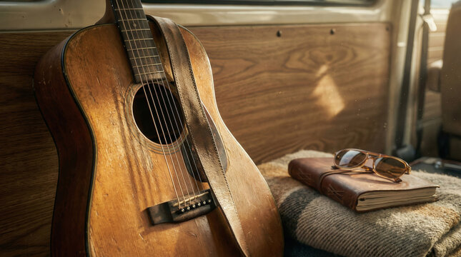 Acoustic guitar resting inside a camper van with a blanket, journal, and sunglasses. Vanlife travel leisure concept for hobby and road trip.