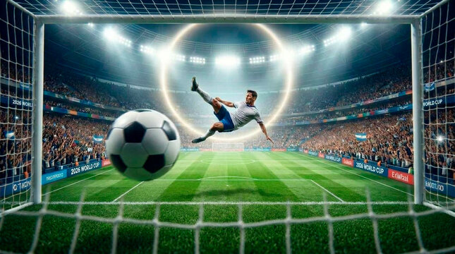 Soccer player kicking ball in stadium under bright lights during night match