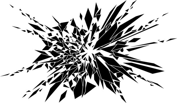 Explosion of shattered fragments radiating outwards, sharp geometric shapes in a dynamic black and white abstract design