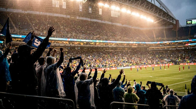 Excited sports fans cheering under stadium lights at night match event