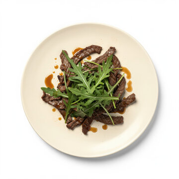 Authentic Straccetti di Manzo con Rucola with Flash-Fried Beef Isolated on White Background