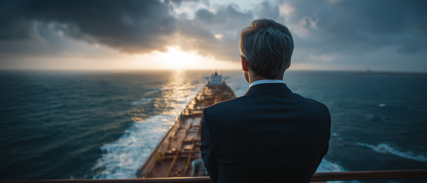 A Man on a Ship Looking at the Horizon: A man in a suit stands on the deck of a large ship, looking out at a vast ocean during sunrise or sunset, with dramatic clouds overhead.