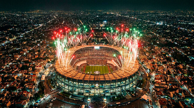 Nighttime aerial view of illuminated stadium with colorful fireworks and large crowd during event