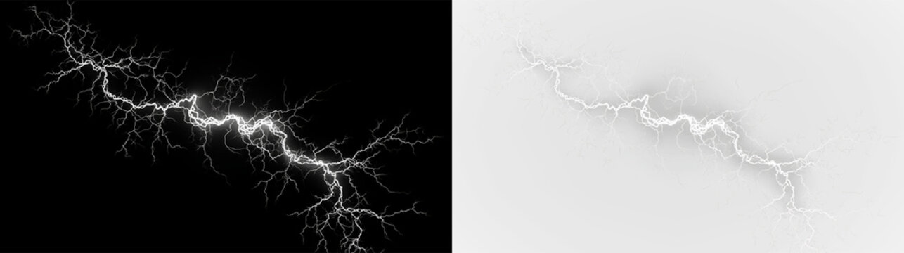 White lightning bolt isolated on transparent and black background showing electrical discharge and branching patterns in a natural layout, light overlay, PNG
