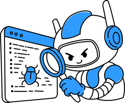 Cute AI Robot Debugging Code with Magnifying Glass Doodle