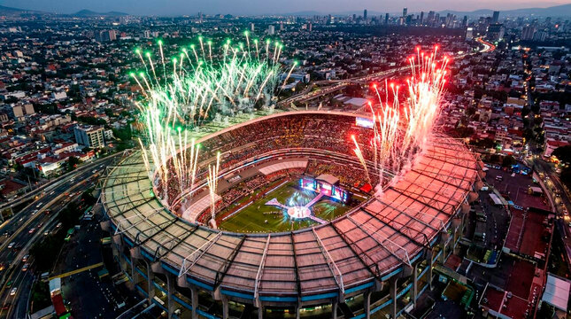 Nighttime stadium concert with fireworks and large crowd aerial view vibrant celebration