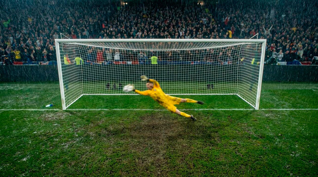Soccer goalkeeper diving to save ball during night match under stadium lights
