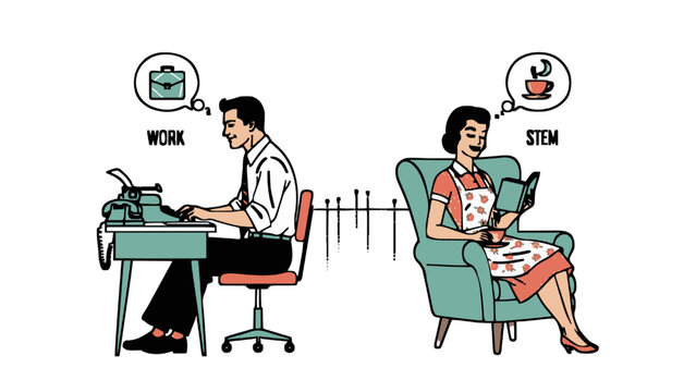 Retro illustration of man working at typewriter and woman reading book with coffee