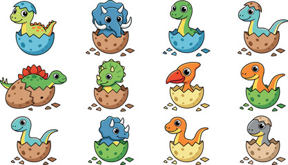 Cute Baby Dinosaur Hatching from Eggs Vector Illustration Set Featuring Triceratops Stegosaurus and Pterodactyl Cartoon Characters for Kids Design Projects © Md