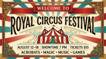 Vintage Carnival Themed Event Promotional Banner Featuring Traditional Red and White Striped Big Top Tent Illustrations for Entertainment © Rishi