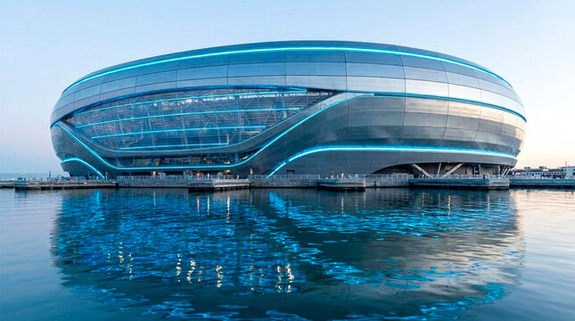 Modern architectural stadium with curved glass facade reflecting blue sky and water at dusk