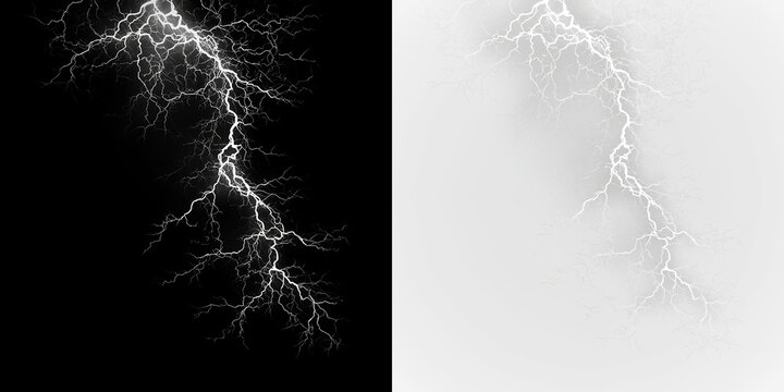 White lightning bolt striking down with bright energy isolated on transparent and black background during a stormy night, light overlay, PNG