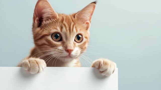 A close-up shot of a cute ginger kitten with striking eyes, peeking over a plain white edge. The kitten is set against a simple, light blue background that accentuates the subject.