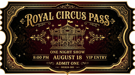 Vintage Royal Circus Pass Ticket Illustration with Gold Ornate Frame and Carousel Design for VIP Entry Event © Rishi