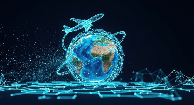 Digital airplane flying around glowing earth globe on black background illustration