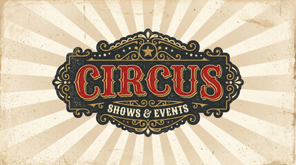 Vintage Circus Event Poster Design with Ornate Lettering and Sunburst Background for Retro Entertainment Shows and Classic Performances © Rishi