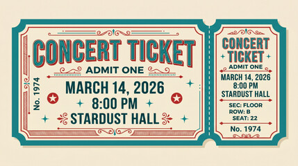 Vintage Style Concert Ticket Illustration for Music Event Admission with Retro Typography and Decorative Borders © Rishi