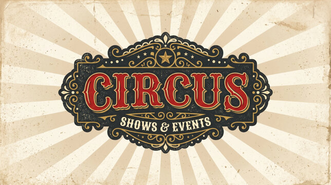 Vintage Circus Event Poster Design with Ornate Lettering and Sunburst Background for Retro Entertainment Shows and Classic Performances