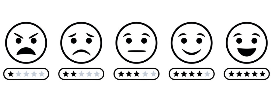 Customer satisfaction rating scale with five emoji faces and star icons for feedback evaluation.