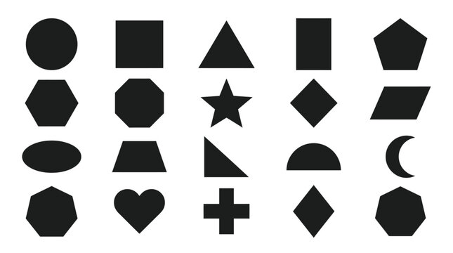 Minimalist black vector graphic set featuring various geometric shapes arranged in a clean grid layout