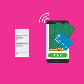 Contactless Mobile Bill Payment Flat Vector Illustration with Credit Card and Cash
