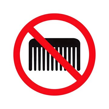 Red prohibition sign over a black hair comb icon representing a ban on combs or hair picks, safety rule, hygiene restriction, no personal grooming allowed in the area