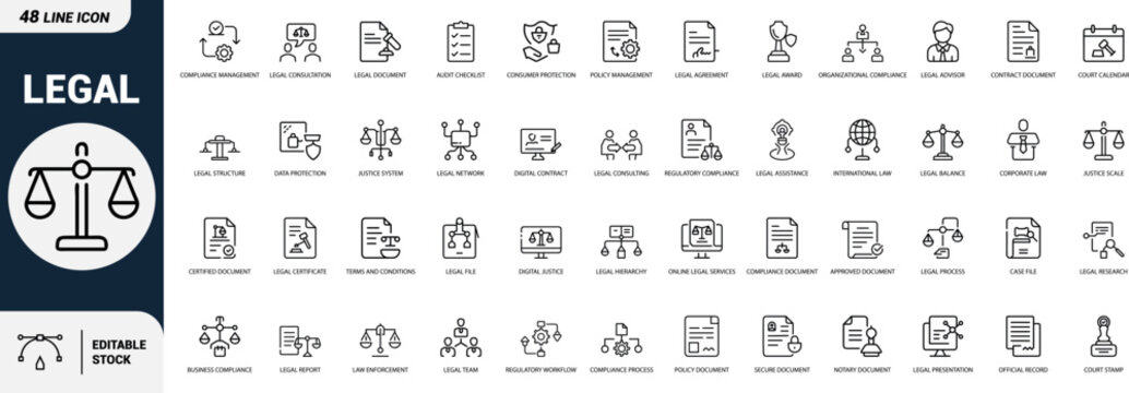 Legal compliance line art icons set, legal document, policy management, audit checklist, digital contract, justice scale, corporate law, legal advisor, court calendar, Web icon, App icon, Outline icon