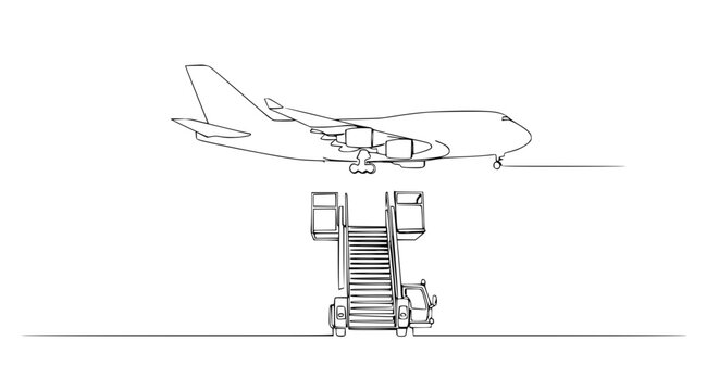 Airplane and Jet Bridge Line Art - Minimalist Aircraft and Passenger Staircase Illustration