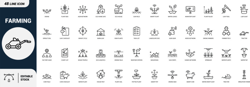Agriculture farming line art icons set, tractor, drone, smart plant, sprinkler, weather station, irrigation tower, wheat cycle, barn, cow field, plant monitoring, Web icon, App icon, Outline icon, Edi