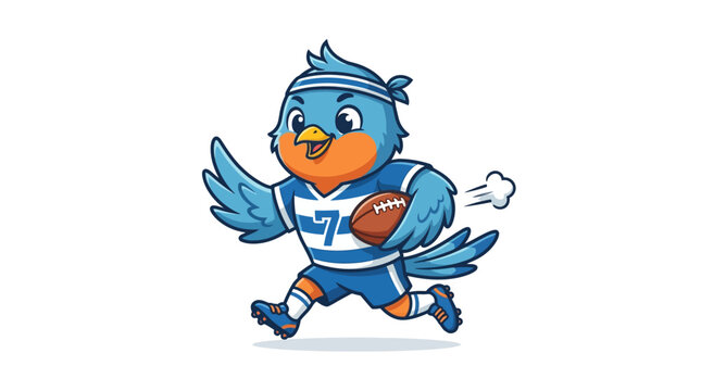 Cartoon blue bird mascot running with football, wearing sports uniform