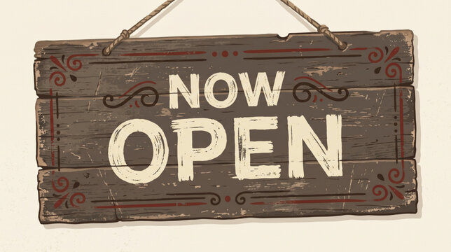 Vintage wooden hanging sign with white text reading now open for business store announcement
