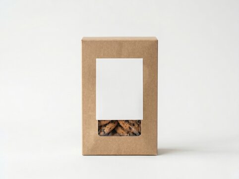 Kraft paper cookie box with clear window and blank white label showing chocolate chip cookies