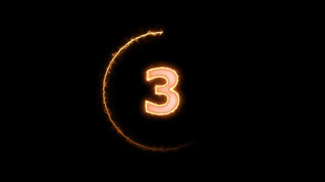3 second countdown timer animation, neon number text glowing from 0 to 3, with attractive circle animation. Circle countdown timer 3 second animation graphics transparent background electric saber
