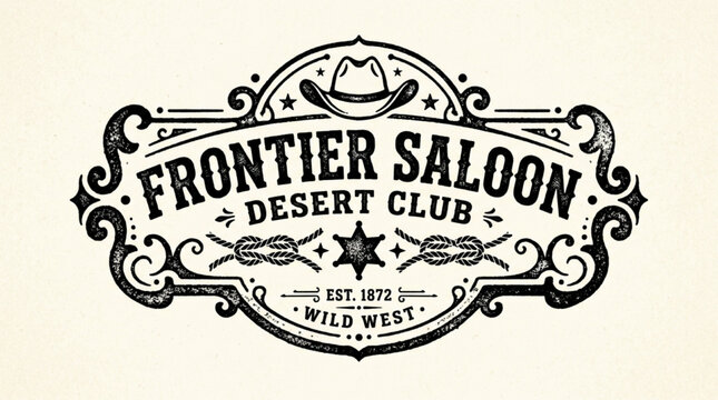 Vintage Western Saloon Club Emblem Illustration with Ornate Border and Cowboy Hat Design, Perfect for Retro Themed Branding, Labels, and Invitations