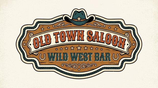 Vintage Old Town Saloon and Wild West Bar Sign Illustration with Cowboy Hat and Rustic Wood Texture