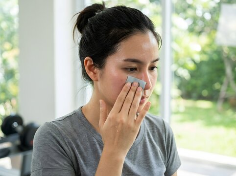 Young Asian woman using oil absorbing blotting paper on her oily cheek skin after indoor workout