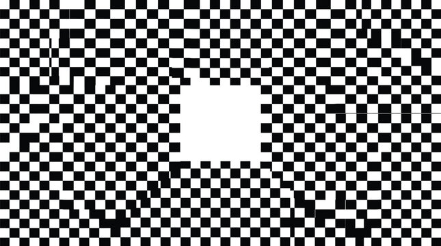 Minimalist vector illustration featuring a bold black and white checkered pattern with a central void