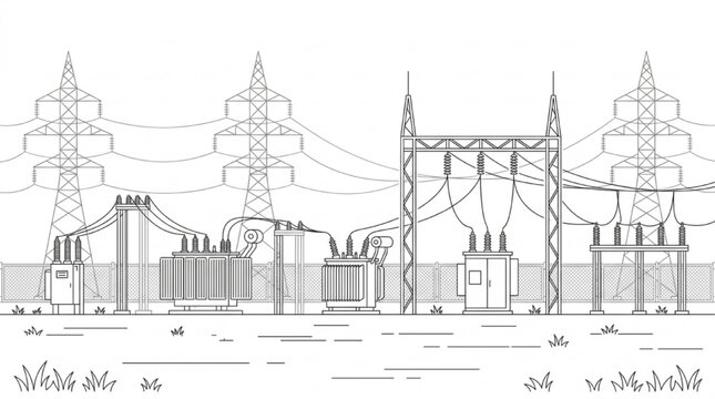 Detailed Line Art Illustration of an Electrical Substation with High Voltage Transmission Towers and Power Transformers