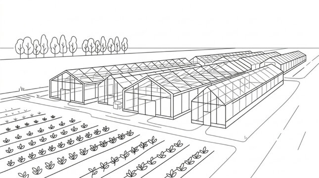 Architectural Line Drawing of a Modern Greenhouse Complex for Sustainable Urban Farming
