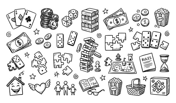 Board Games Doodle Icons Vector Set with Cards Dice and Domino