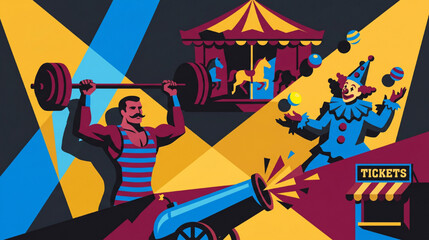 Vibrant retro circus show illustration with a strongman, juggling clown, and merry-go-round under dramatic spotlights, evoking nostalgic big top magic and entertainment © Rishi