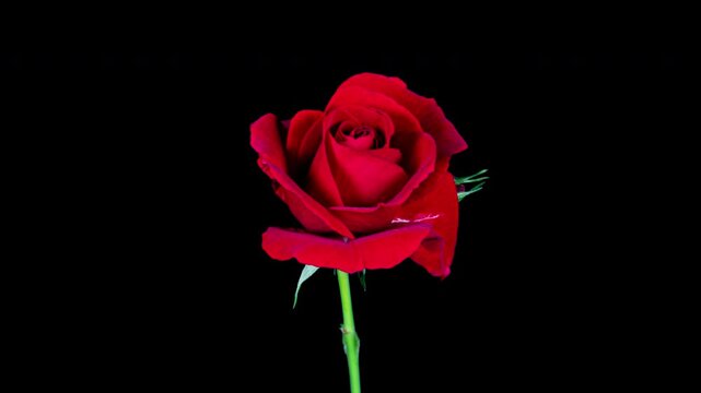 Red Pink Rose Plant Blooming Flower in Time Lapse on a Black Background with Alpha Matte Channel. Single Red Flower Opens Bud and Moving Petals in Timelapse