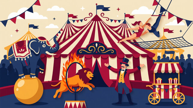 Vibrant Circus Performance with Acrobat, Lion, and Elephant Under Big Top Tent