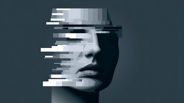 Glitchy Fragmented Face Digital Art on Dark Background