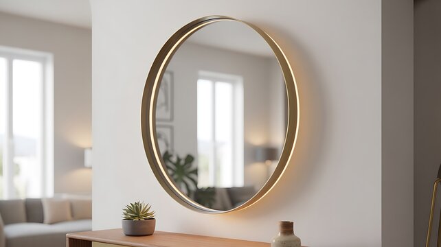 Elegant round mirror with golden frame hanging on a wall above a console table with plants.